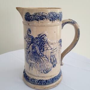 WHITES UTICA NY STONEWARE Colonial Pitcher Blue & Grey Flemish Ware-ANTIQUE!